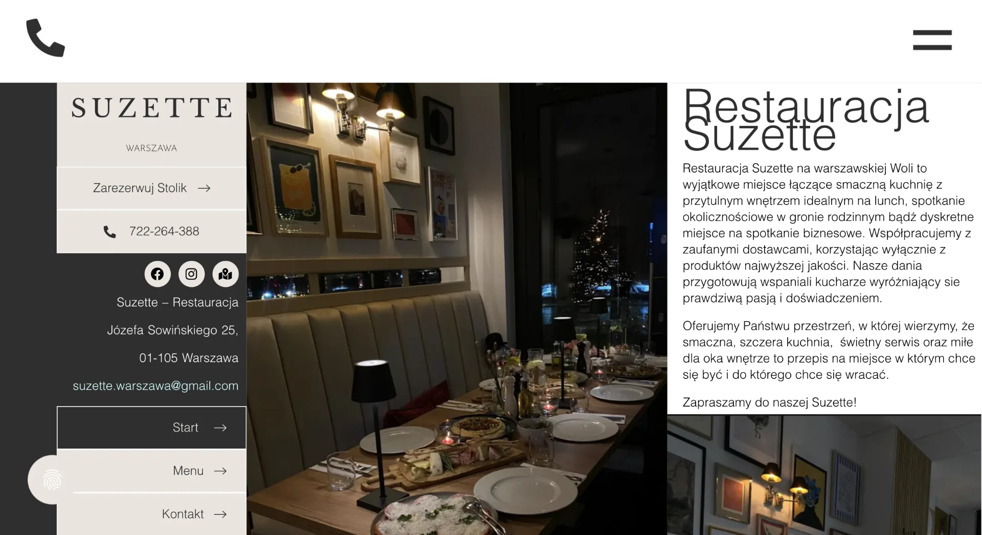 Startseite der Restauracja Suzette: links Logo und Reservierung, rechts ein gedeckter Tisch im abendlichen Gastraum