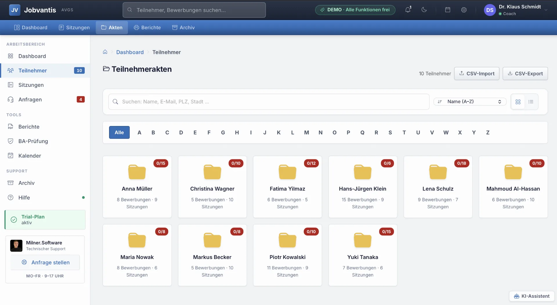 Teilnehmerakten in Jobvantis: Seitenleiste mit Dashboard und Sitzungen, daneben Karten der Teilnehmer mit Zahl der Bewerbungen