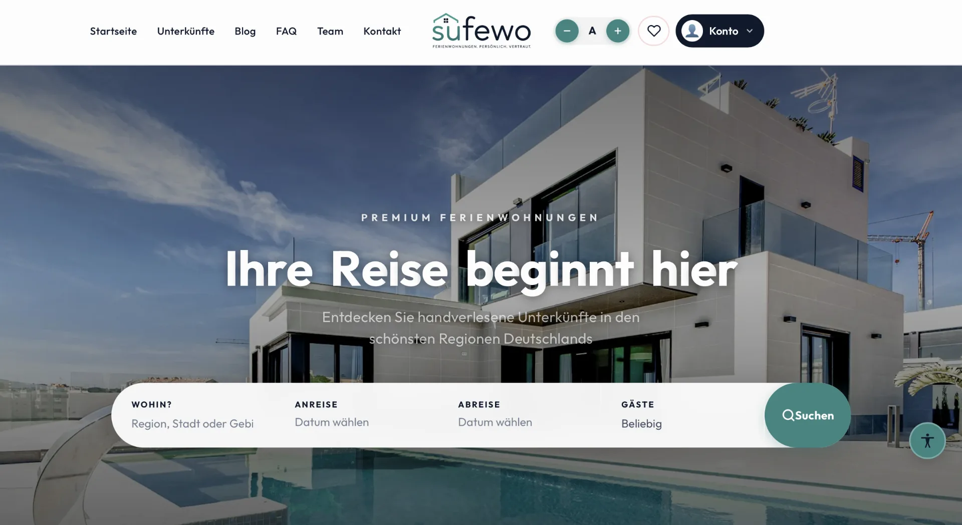 Startseite von sufewo: Ferienhaus mit Pool als Kopfbild, darüber «Ihre Reise beginnt hier», darunter die Suchleiste