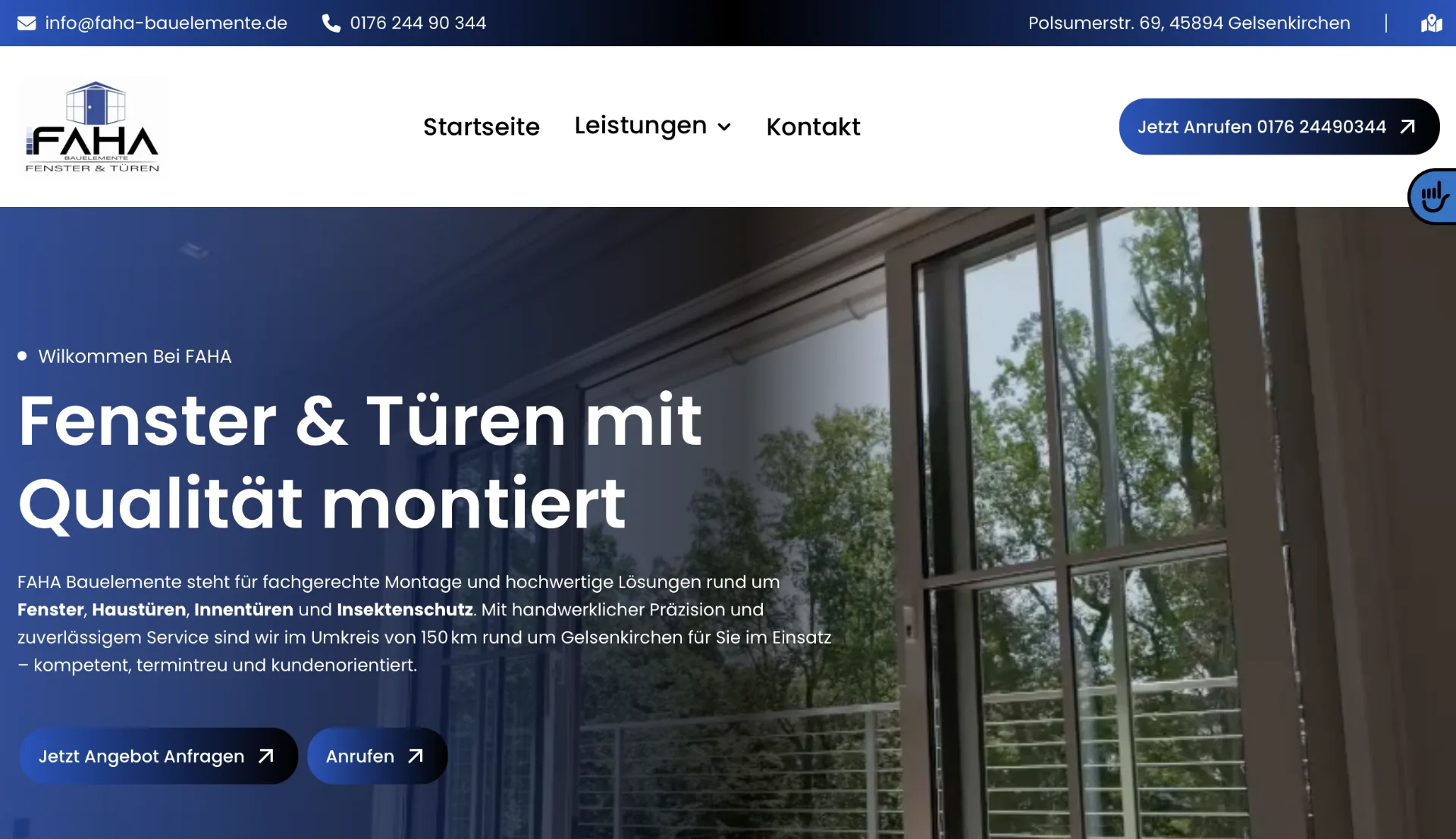 Startseite von FAHA Bauelemente: «Fenster & Türen mit Qualität montiert» vor einem montierten Fenster