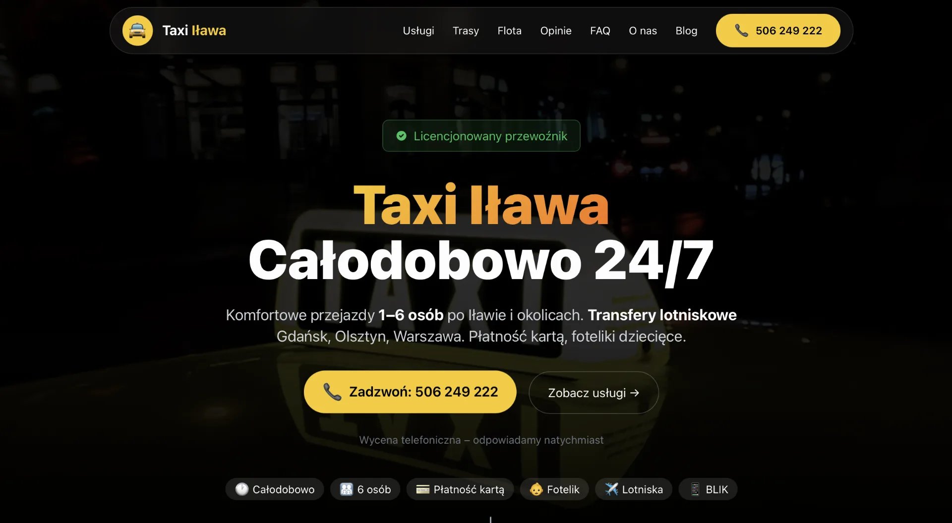 Startseite von Taxi Iława: gelbe Schrift auf dunklem Foto eines Taxidachs, Telefonnummer als Knopf