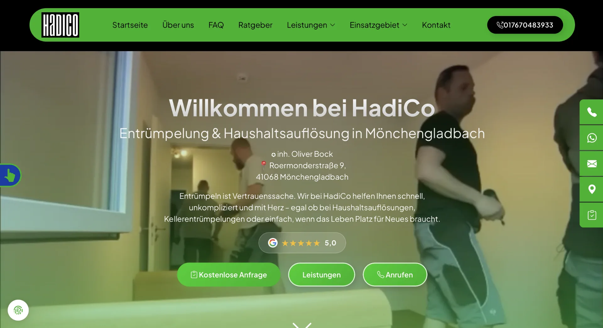 Startseite von HadiCo: grüne Navigation über einem Video, Überschrift zur Entrümpelung in Mönchengladbach, daneben die Google-Bewertung 5,0