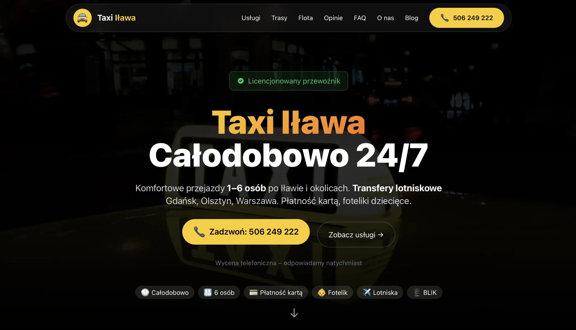 Startseite von Taxi Iława: gelbe Schrift auf dunklem Foto eines Taxidachs, Telefonnummer als Knopf, darunter Hinweise auf Kartenzahlung und Flughafentransfer