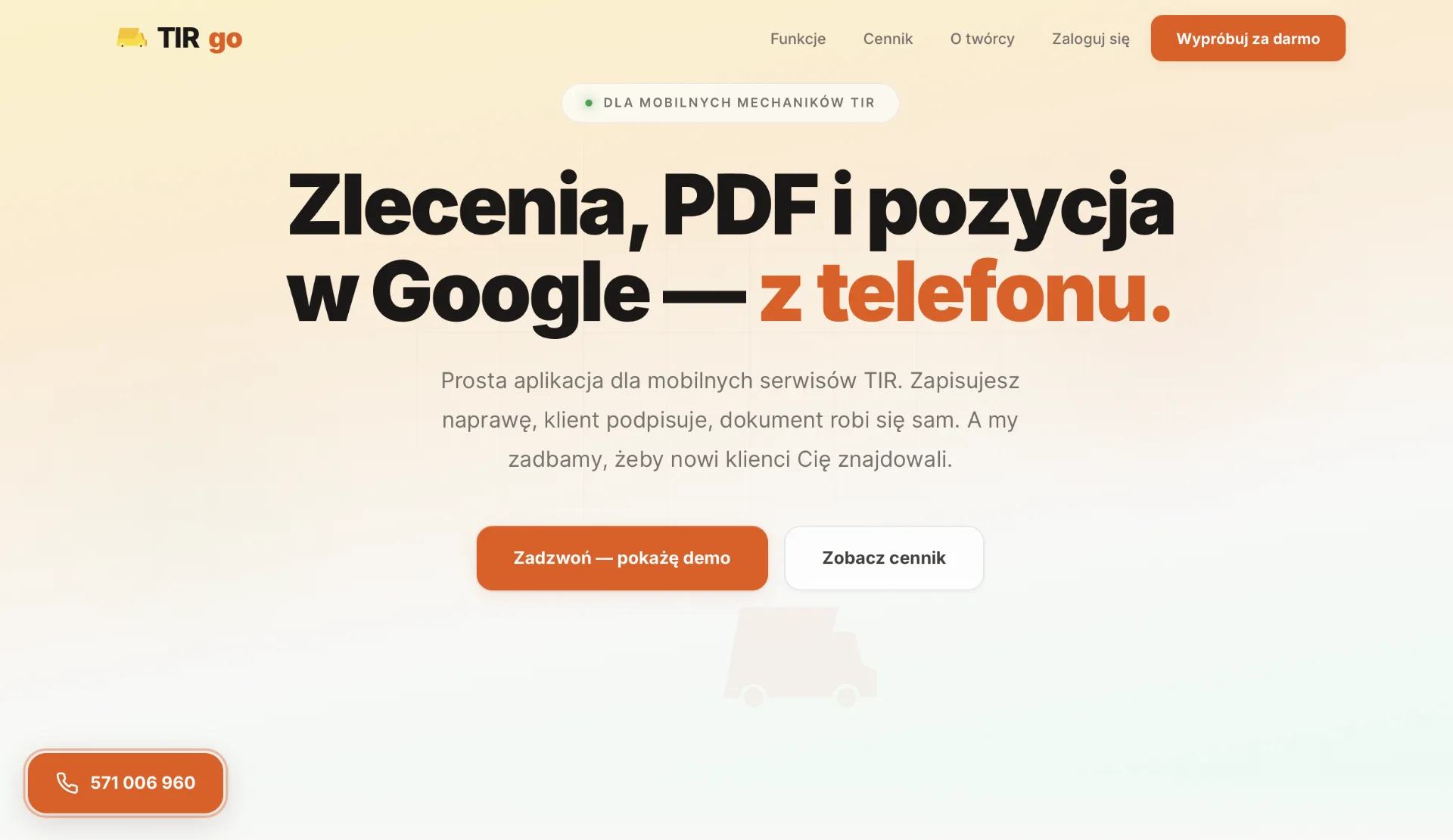 Startseite von TIR go mit der Überschrift «Zlecenia, PDF i pozycja w Google — z telefonu»