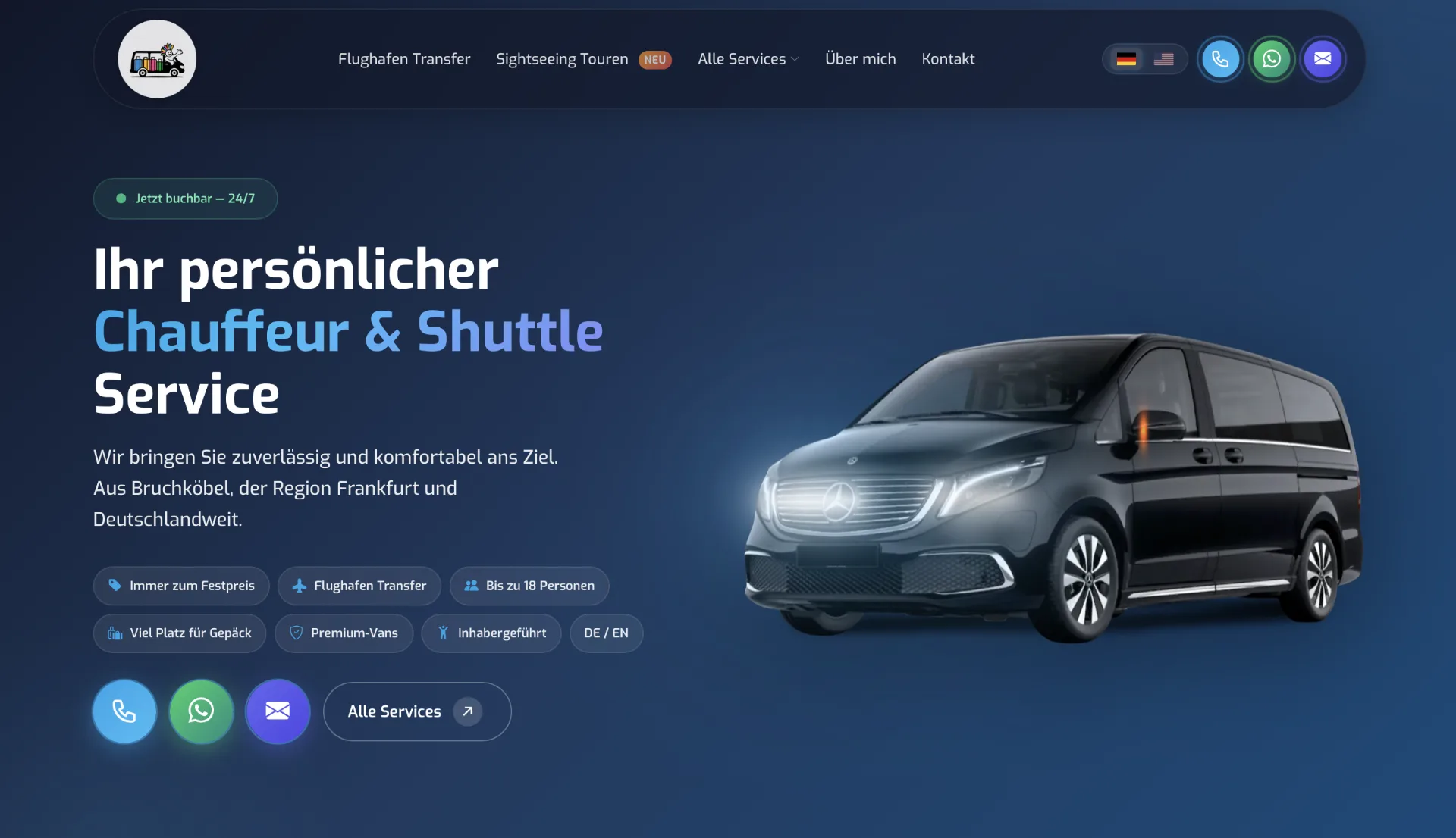 Startseite von Shuttle Service Hoffmann: «Ihr persönlicher Chauffeur & Shuttle Service» neben einem schwarzen Van