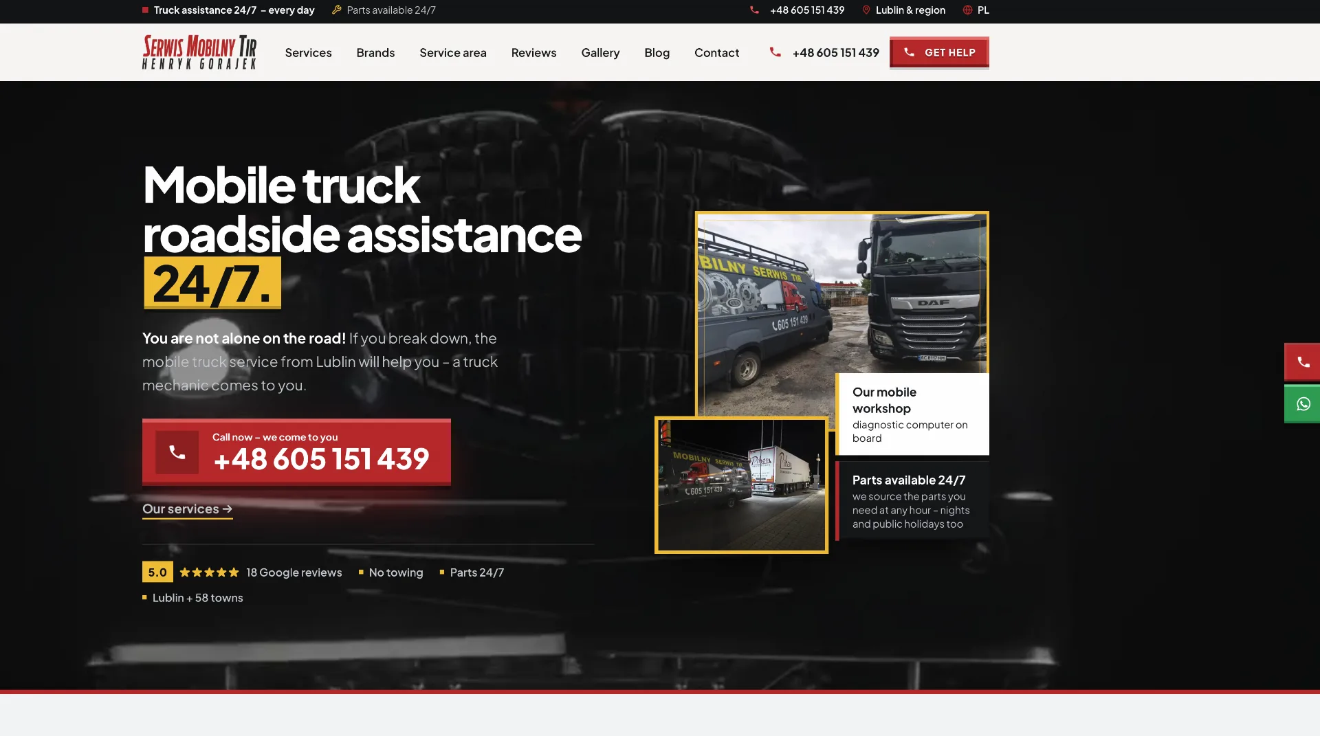 Mobilny serwis Tir w Lublinie, strona internetowa.